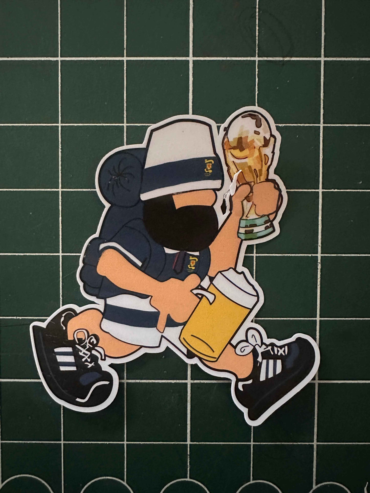 Be Casual scotland sticker in scotland away kit holding World Cup subculture