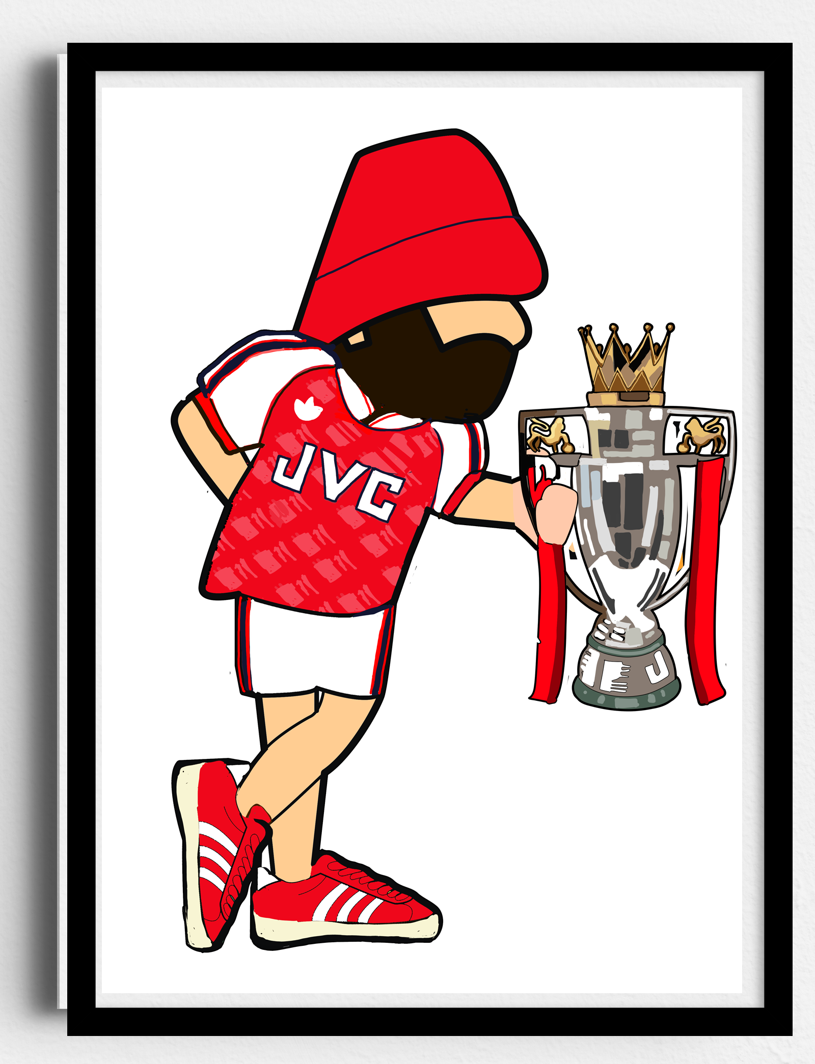 Arsenal Cartoon character in red sports uniform holding a trophy with a crown, wearing a red beanie and JVC backpack.