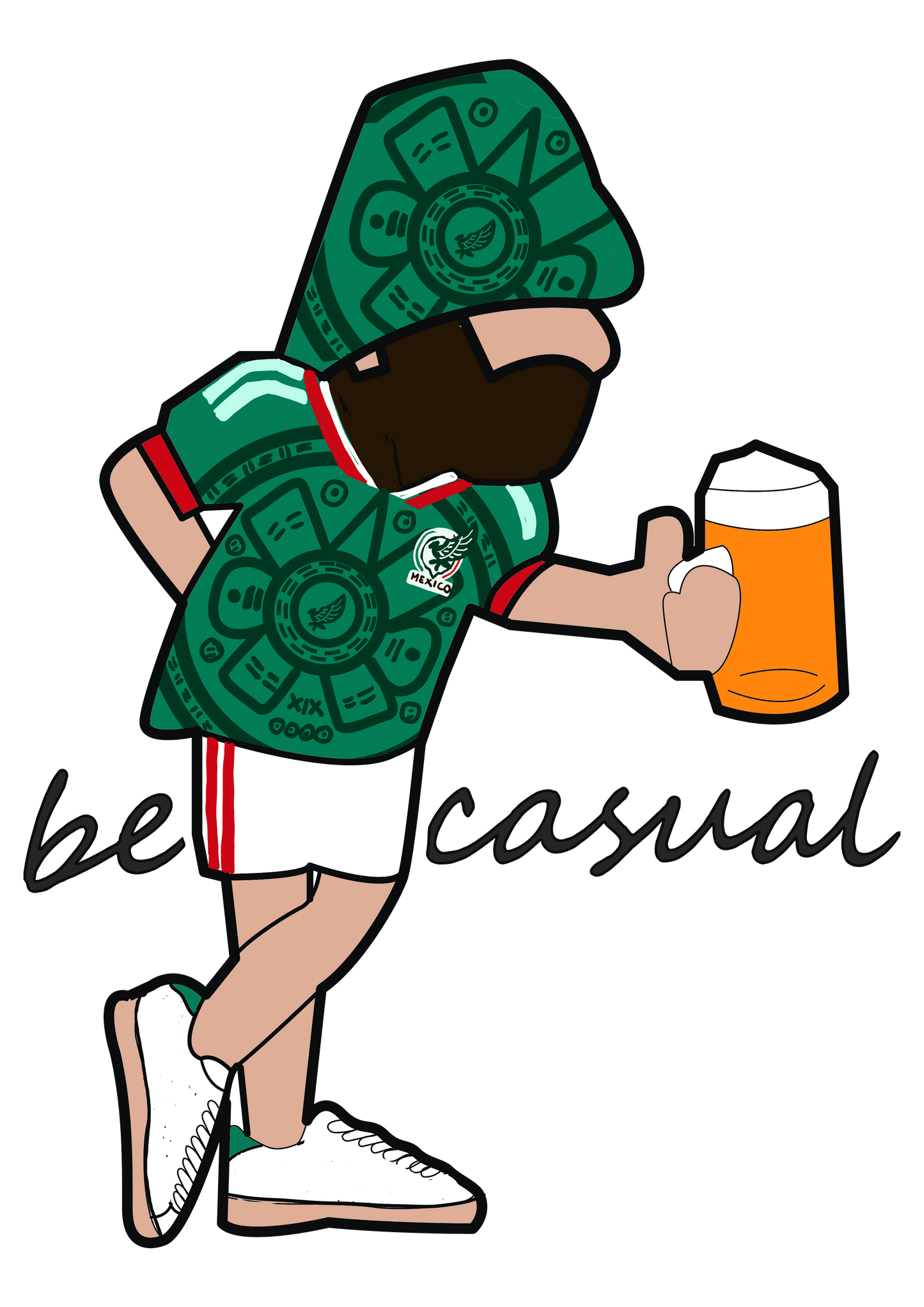Mexico World Cup 26 Cartoon character in green outfit holding a beer with 'be casual' text