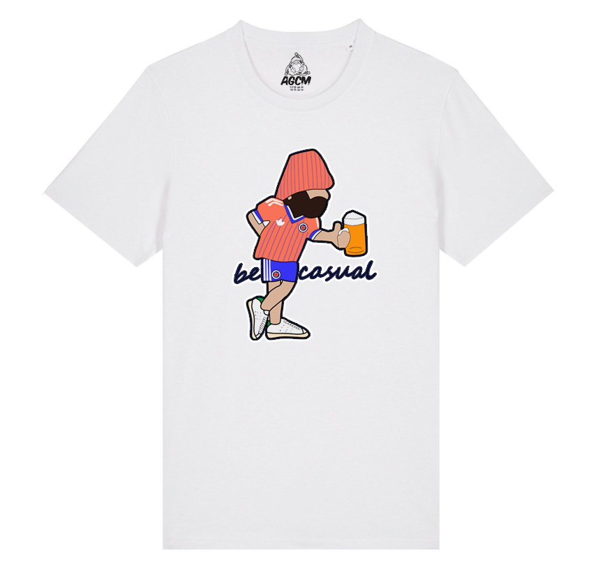 Scotland White t-shirt with a cartoon character holding a beer and 'beloved casual' text on a white background.