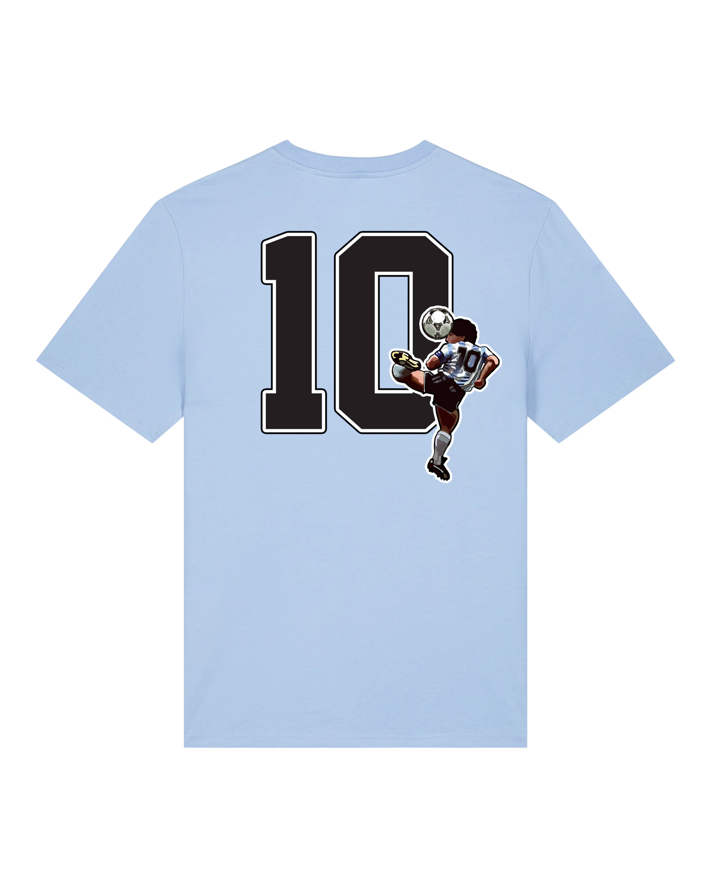 Light blue t-shirt with a graphic of a football player and number 10 on the back Diego maradona .