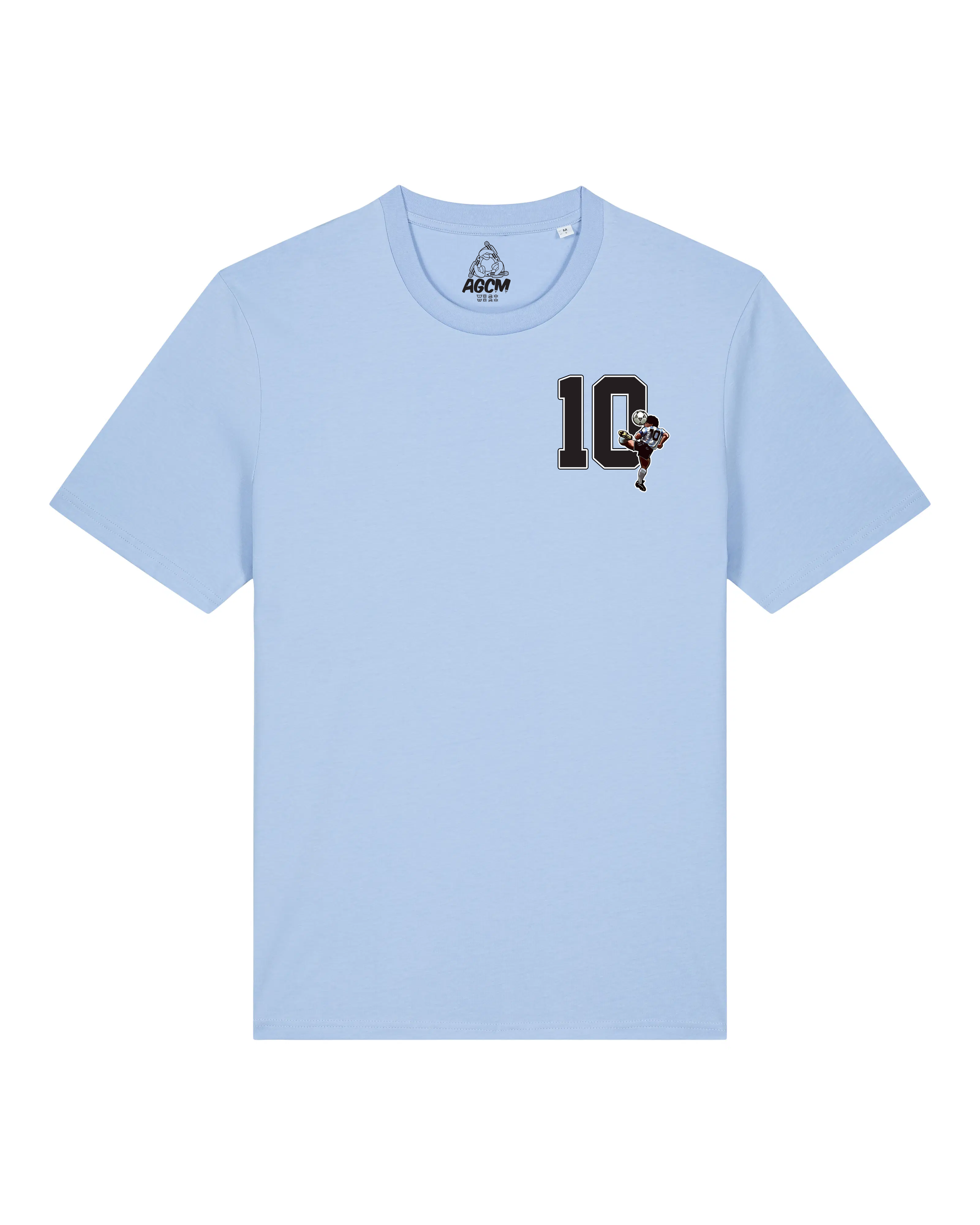 Light blue t-shirt with a number 10 and a small graphic on a white background Diego maradona