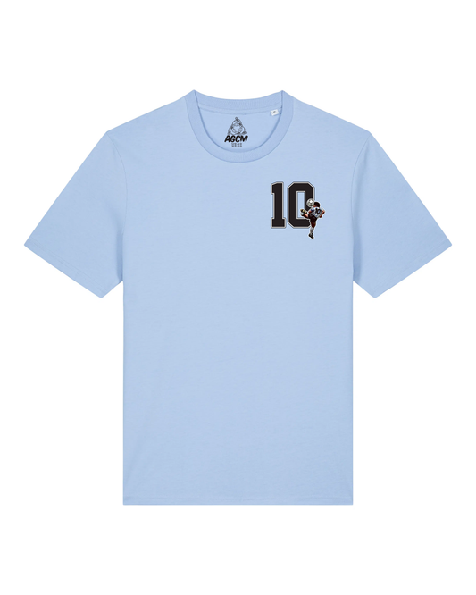 Light blue t-shirt with a number 10 and a small graphic on a white background Diego maradona
