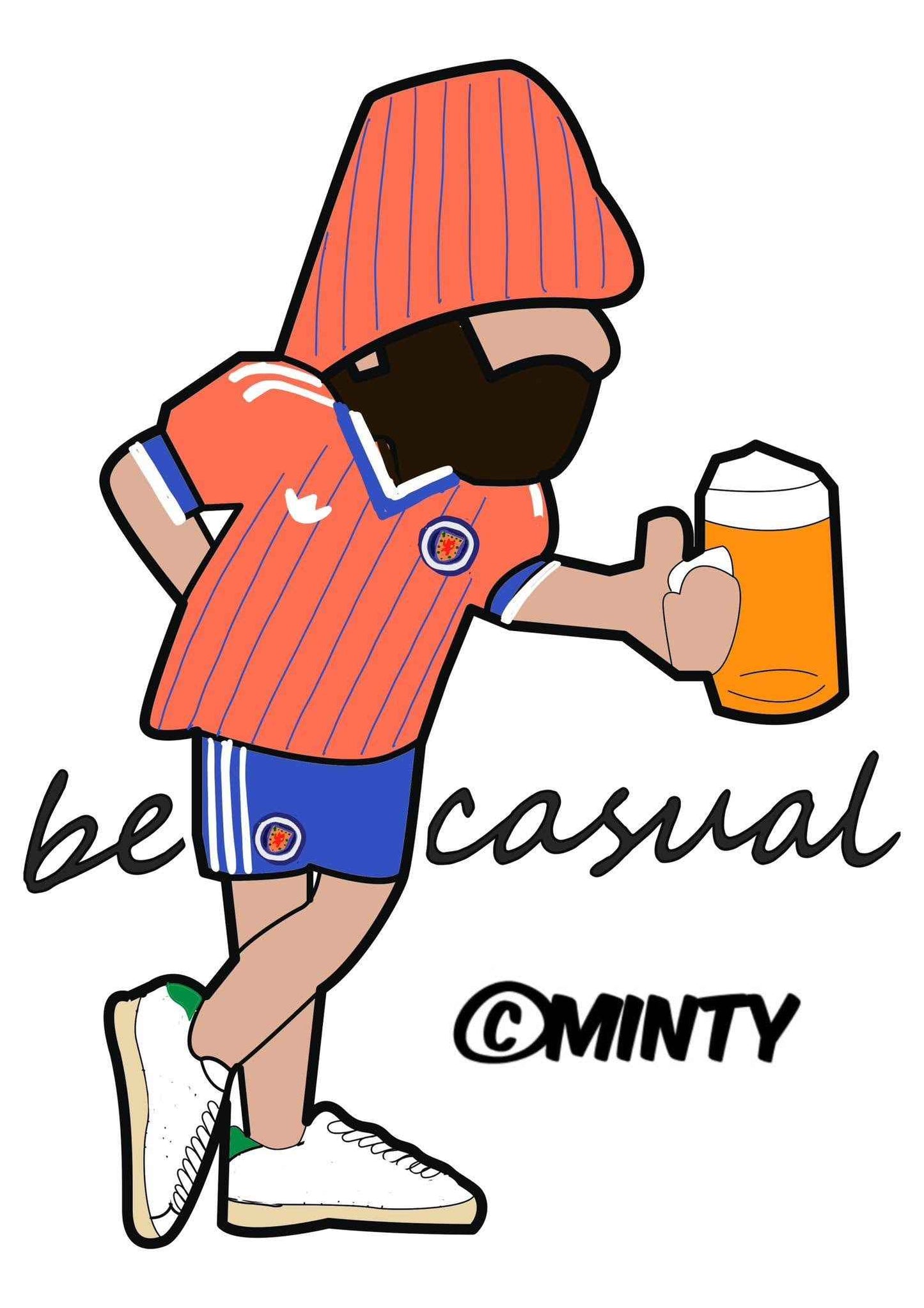 Cartoon character in sports uniform holding a beer with 'be casual' text and '@MINTY' handle.