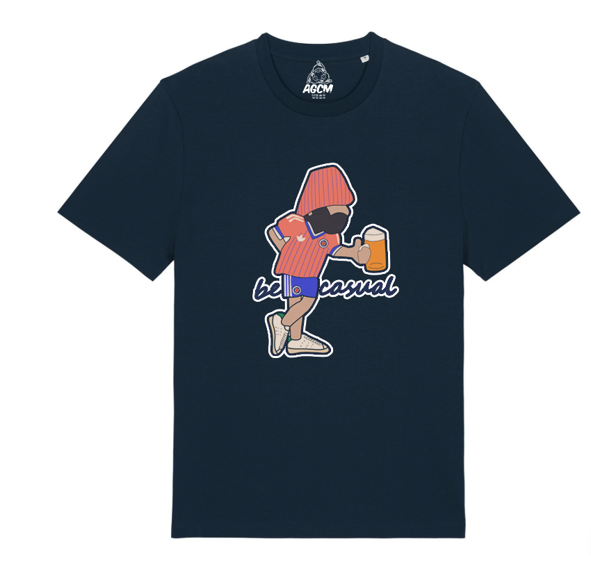 Scotland Navy blue t-shirt with a graphic of a person holding a beer and the text 'be casual' on a white background.