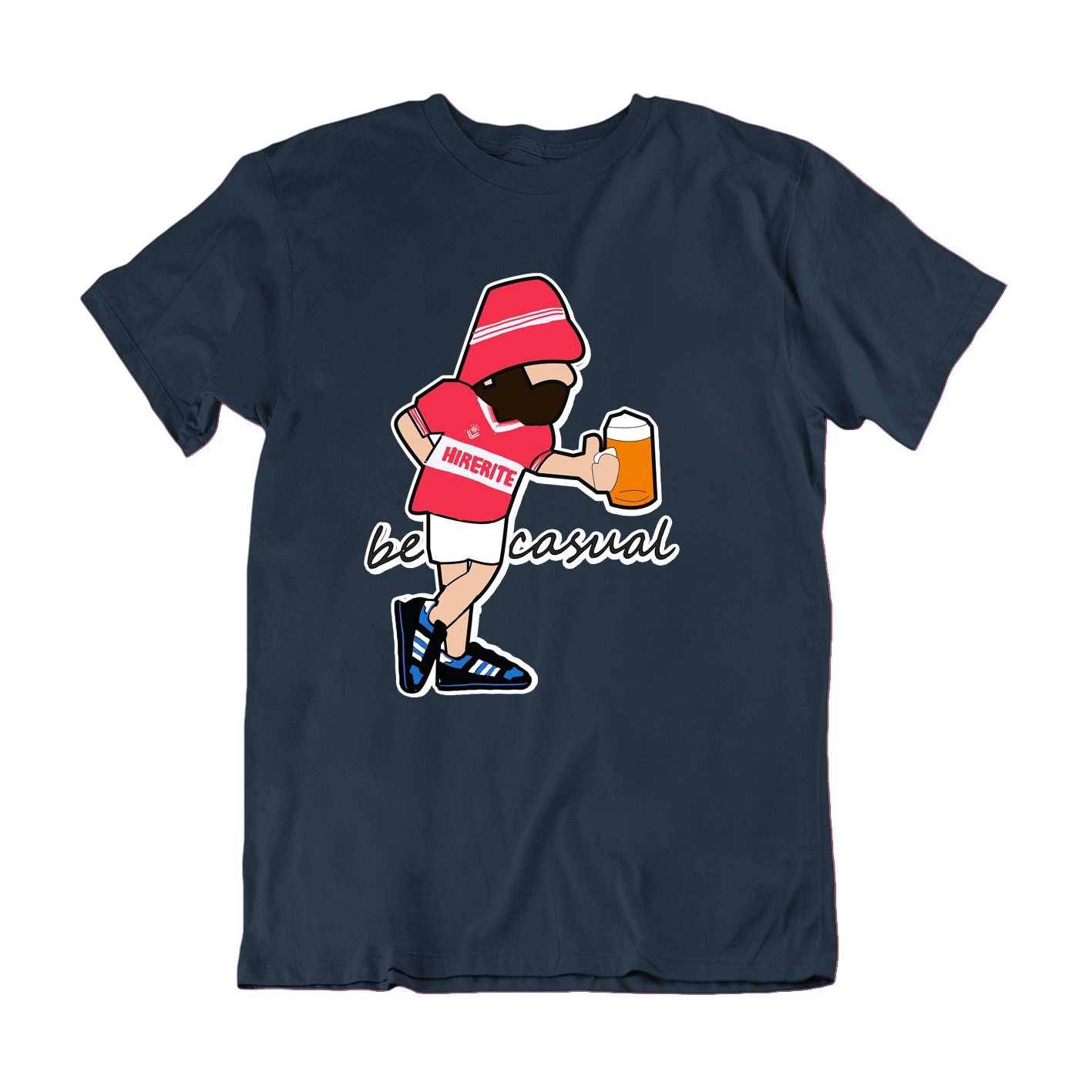 Navy blue t-shirt with cartoon character holding a beer on a white background
