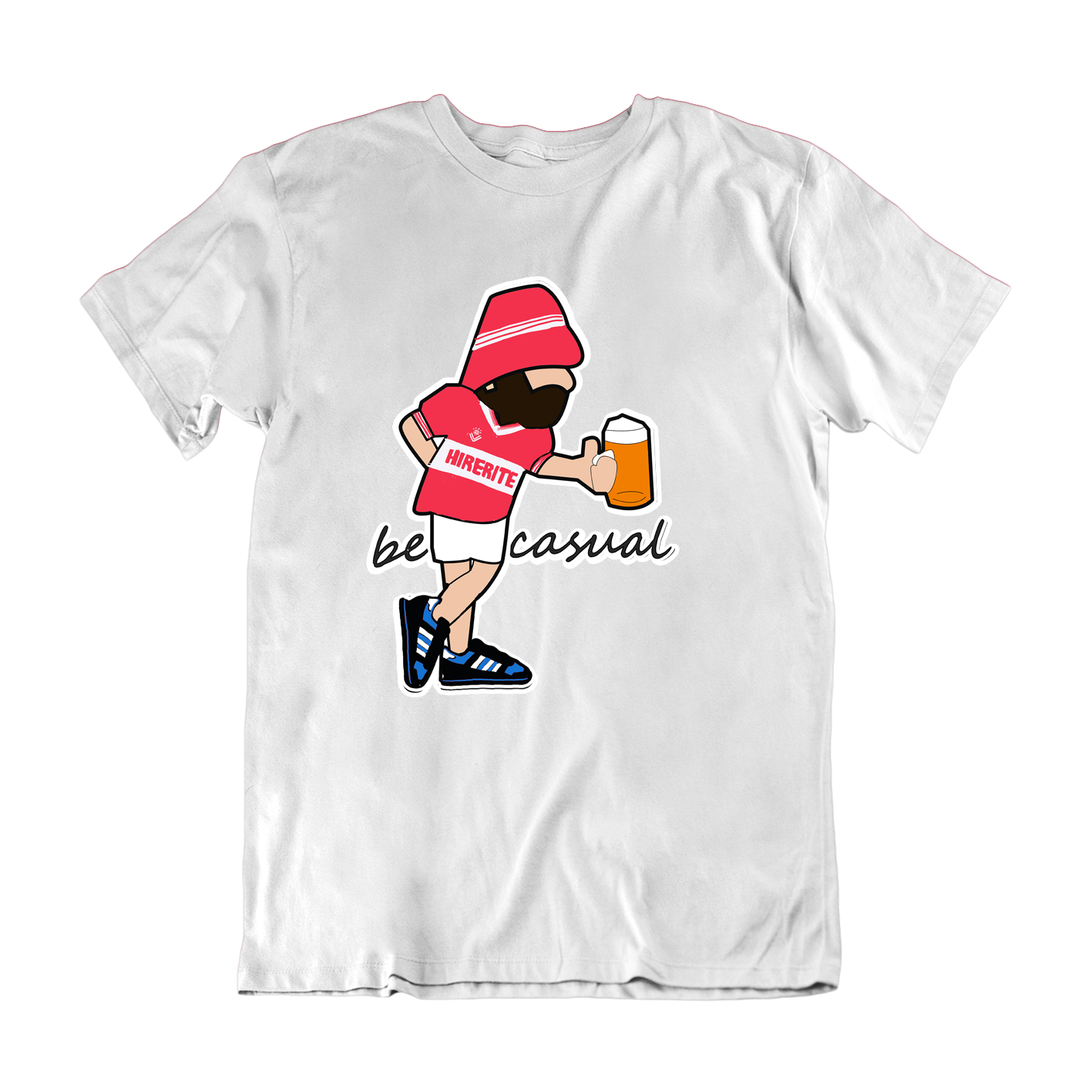 White t-shirt with a graphic of a person in a red beanie and shorts holding a beer, with text 'be casual' on a white background.