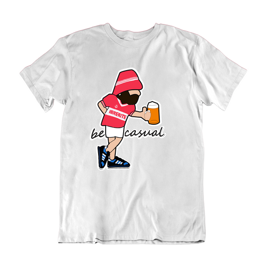 White t-shirt with a graphic of a person in a red beanie and shorts holding a beer, with text 'be casual' on a white background.