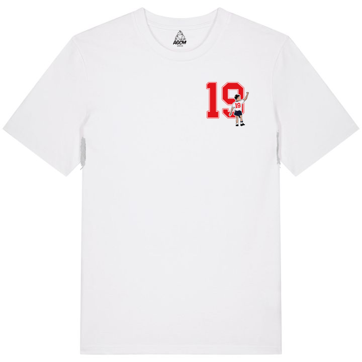 White t-shirt with red number 19  and of Paul gasgoigne and graphic design on a white background